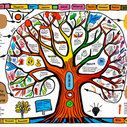 **

A vibrant, colorful mind map on a large sheet of paper. The central topic is "Erfolgreiches Mindmapping" (Successful Mindmapping), surrounded by branches with key words like "Struktur," "Kreativität," "Farben," and "Bilder." The mind map is filled with small drawings and icons. Around the mind map are scattered colorful pens and markers. The overall impression is organized chaos and creative energy.

**