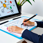 A focused professional woman, fully clothed in a modest business suit, seated at a modern, clean desk. On the desk, a vibrant, complex mind map is clearly visible on a digital tablet, showcasing colorful branches, keywords, and small symbols like a lightbulb and a magnifying glass. The background is a bright, minimalist office space, suggesting an atmosphere of clarity and organized thought. Her hands are naturally positioned, either holding a stylus or resting calmly beside the tablet. Safe for work, appropriate content, fully clothed, professional, perfect anatomy, correct proportions, natural pose, well-formed hands, proper finger count, natural body proportions, professional photography, high quality.