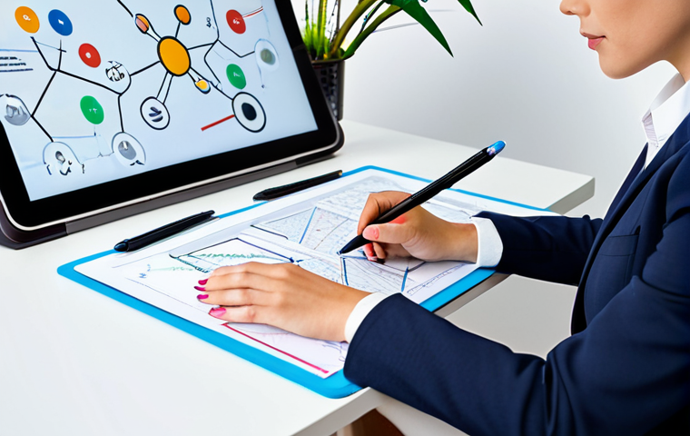 A focused professional woman, fully clothed in a modest business suit, seated at a modern, clean desk. On the desk, a vibrant, complex mind map is clearly visible on a digital tablet, showcasing colorful branches, keywords, and small symbols like a lightbulb and a magnifying glass. The background is a bright, minimalist office space, suggesting an atmosphere of clarity and organized thought. Her hands are naturally positioned, either holding a stylus or resting calmly beside the tablet. Safe for work, appropriate content, fully clothed, professional, perfect anatomy, correct proportions, natural pose, well-formed hands, proper finger count, natural body proportions, professional photography, high quality.