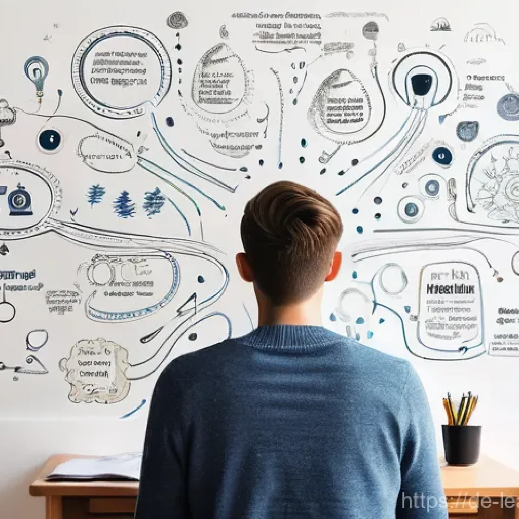 마인드맵 작성 후 자기 반성하기 - **Prompt for Clarity and Overcoming Mental Chaos (Analog Mindmapping):**
"A young person, approx...