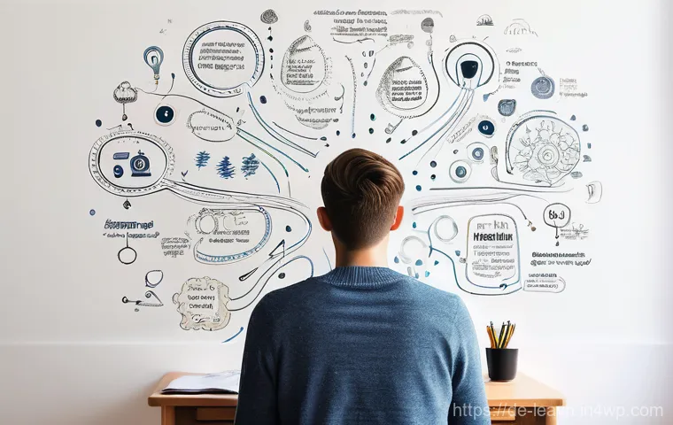 마인드맵 작성 후 자기 반성하기 - **Prompt for Clarity and Overcoming Mental Chaos (Analog Mindmapping):**
"A young person, approx...