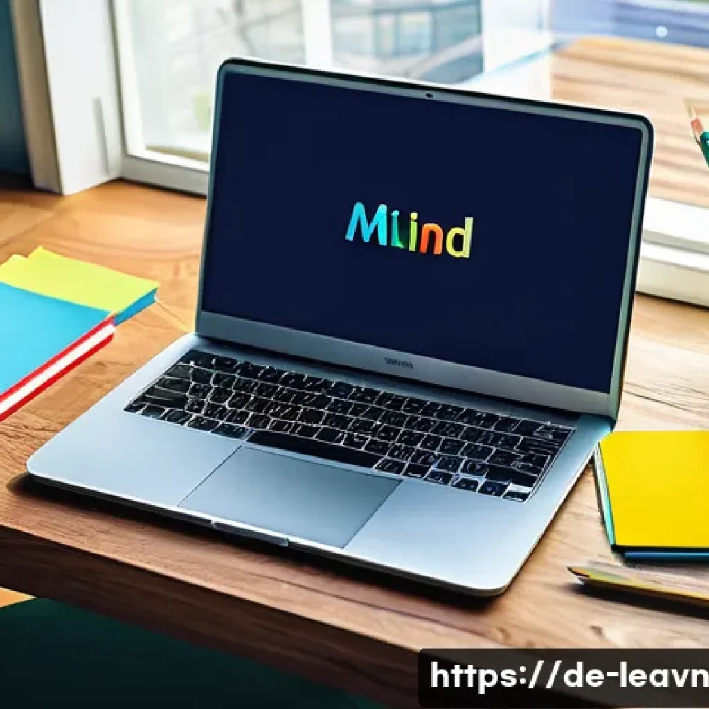 마인드맵과 전통적인 노트 필기의 차이점 - A vibrant and detailed digital illustration of a colorful mind map on a modern wooden desk, featurin...