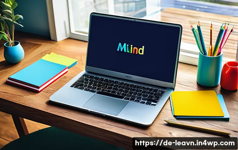 마인드맵과 전통적인 노트 필기의 차이점 - A vibrant and detailed digital illustration of a colorful mind map on a modern wooden desk, featurin...