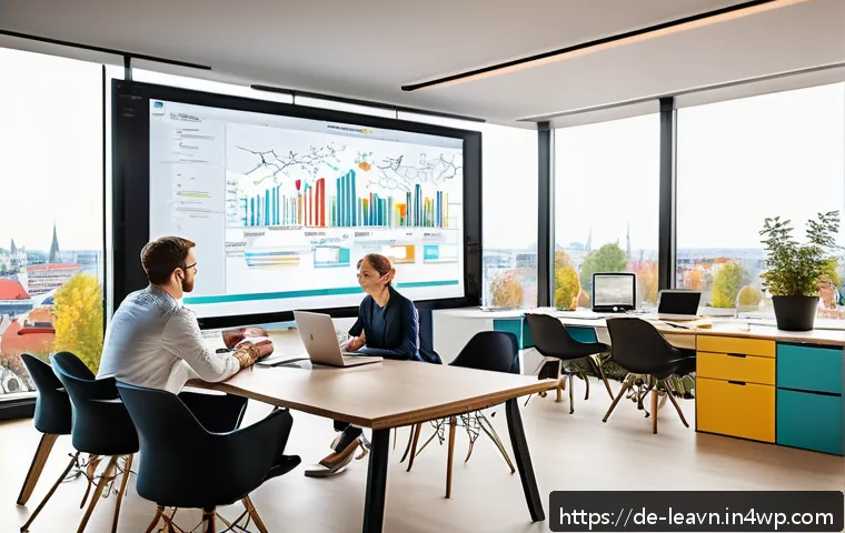 마인드맵으로 프로젝트 계획 세우기 - A modern office scene with a diverse team of German professionals collaboratively creating a colorfu...