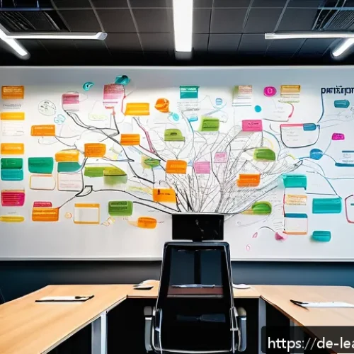 Home 30 마인드맵으로 뇌를 활성화하는 법 - A detailed, vibrant illustration of a modern office workspace featuring a large whiteboard filled wi...
