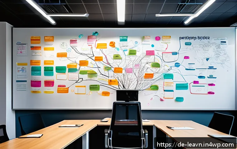 마인드맵으로 뇌를 활성화하는 법 - A detailed, vibrant illustration of a modern office workspace featuring a large whiteboard filled wi...