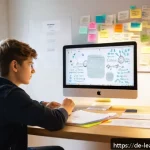 Home 23 마인드맵과 메타인지 학습 효과 높이기 - A modern study room scene featuring a young adult student sitting at a wooden desk, actively creatin...