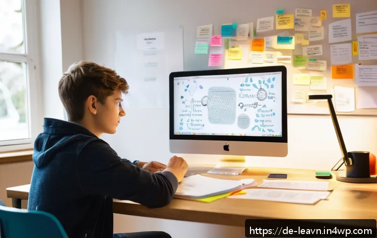 마인드맵과 메타인지 학습 효과 높이기 - A modern study room scene featuring a young adult student sitting at a wooden desk, actively creatin...