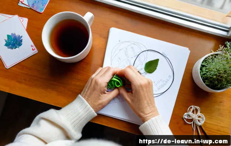 마인드맵으로 자아 탐구하기 - Photorealistic overhead view of a thoughtful middle-aged German woman at a bright wooden desk in a c...