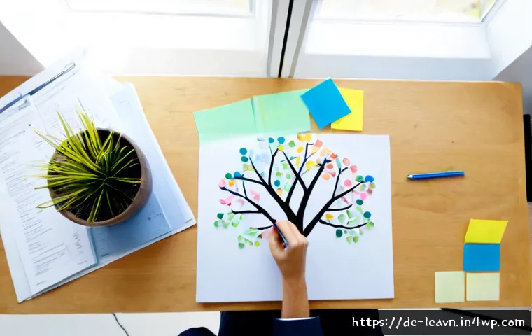 Home 17 마인드맵으로 스스로 평가하기 - Photorealistic overhead view of a German professional in a bright Berlin home office creating a self...